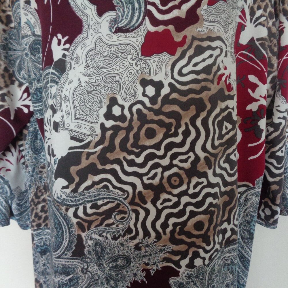 Chico's Mixed Paisley & Animal Print Tunic in Burgundy, Cream, Gray, Brown - Picture 4 of 9